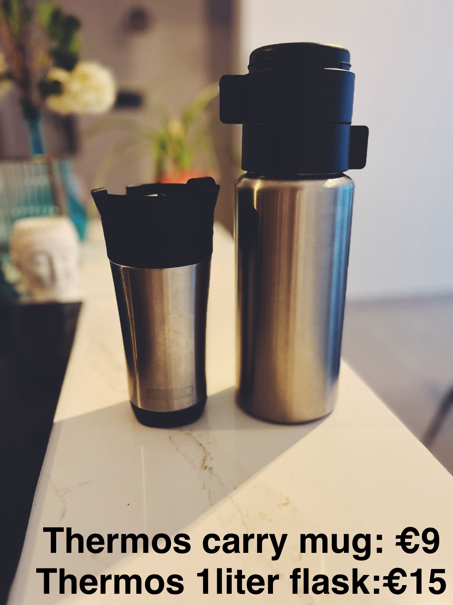 Thermos travel mug and 1 liter flask